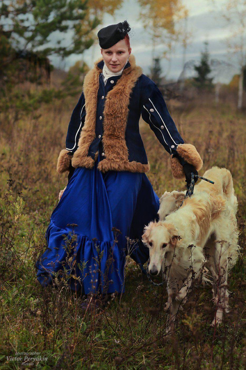ранчо аванпост собаки борзые русская охота осень девушка наряд, Виктор Перякин