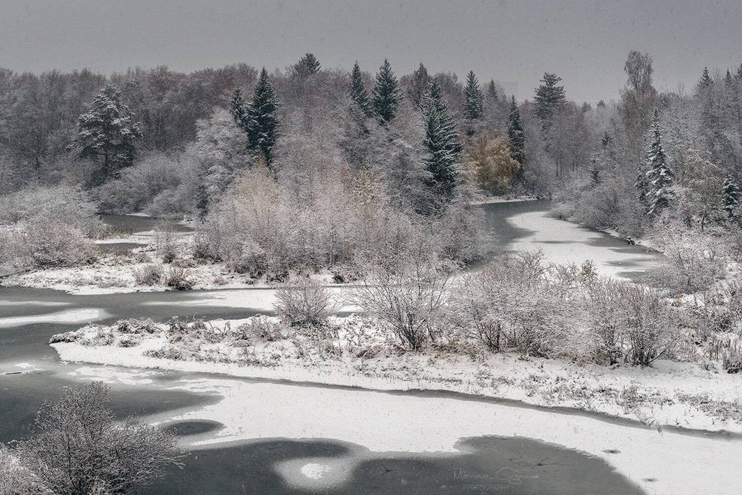 снег, осень, река, лес, Марина Огнева