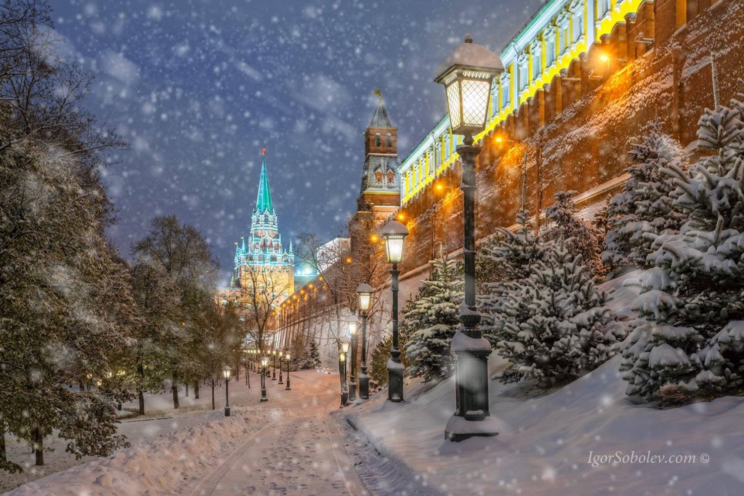 alexander garden, architecture, blizzard, cityscape, evening, lantern, moscow, nikolskaya tower, russia, snow, the kremlin, tree, wall, weather, winter, александровский сад, архитектура, вечер, городской пейзаж, елка, зима, кремль, метель, москва, непогод, Соболев Игорь