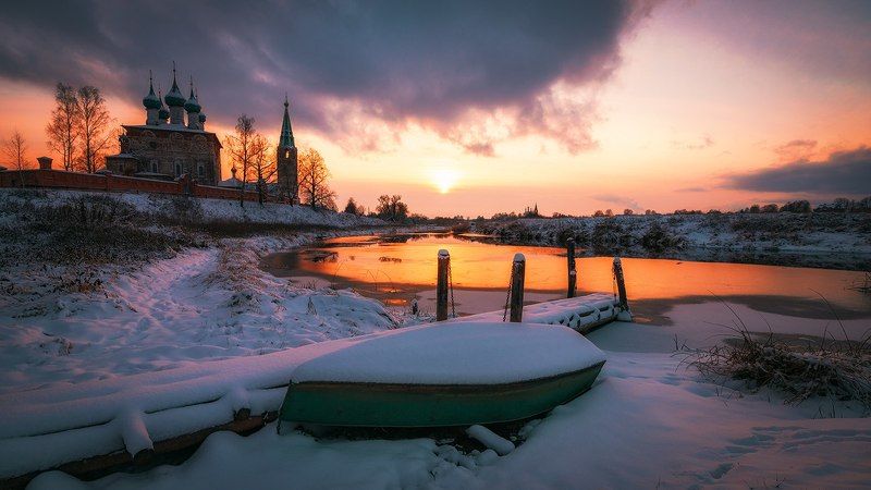 дунилово, церковь, лодка, река, мороз, закат, мостик, осень, ноябрь, river, boat, sunset, olegbeliy Холодный вечер Ноября...  фото превью