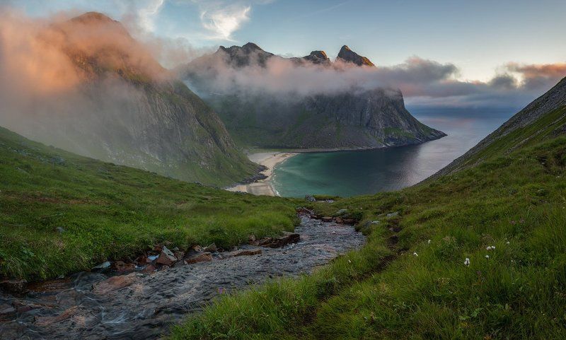 норвегия, море, путешествие, norway, lofoten, Закат над Kvalvika beach. фото превью