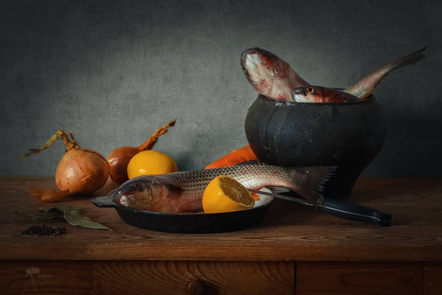 рыба,лимон,лук,морковь,чугунок,натюрморт, Инна Сухова