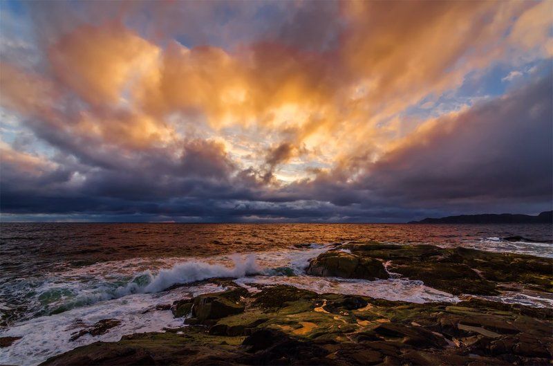 Баренцево море, Берег, Закат, Кольский п-ов, Лето, Небо, Пейзаж, Прибой, Природа, Рассвет, Север Северное лето фото превью