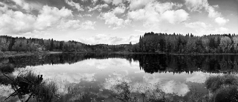 облака, озеро, лес, осень, вода, небо, панорама Сентябрь фото превью