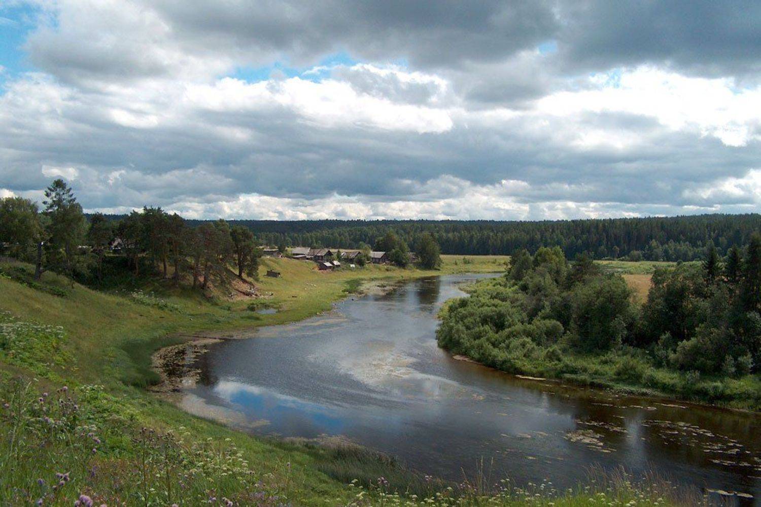 деревня, берег, река, вель, архангельская область, россия, лето, пейзаж, Юрий Соколков