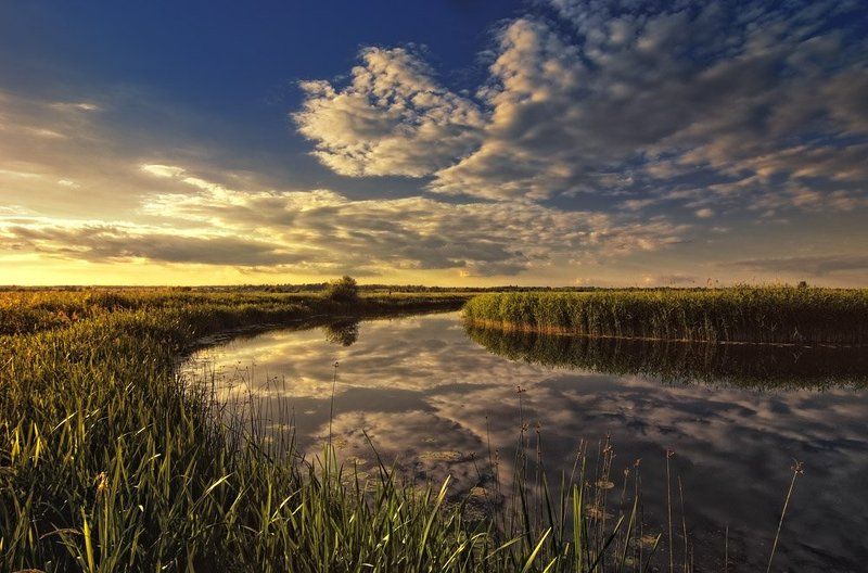 На реке закат фото превью