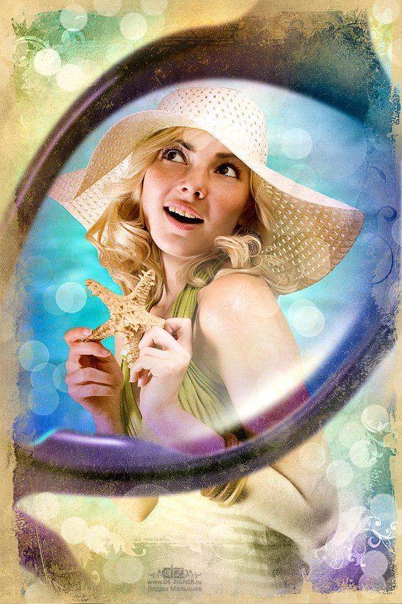 девушка, лето, панама, море, ретро, коллаж, звезда, de-zigner, Вадим