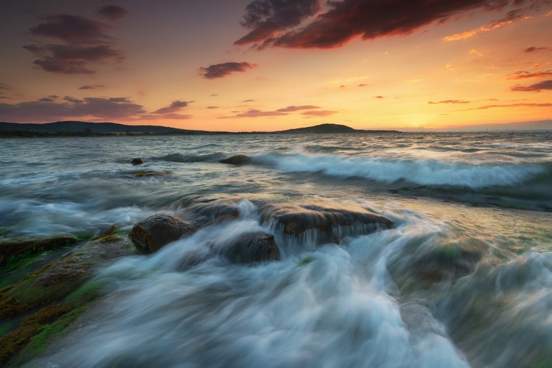 sun, sunset, sea, sky, water, reflection, shore, rocks, clouds, colors, travel, nature, golden hour, rocks, Летний закат фото превью