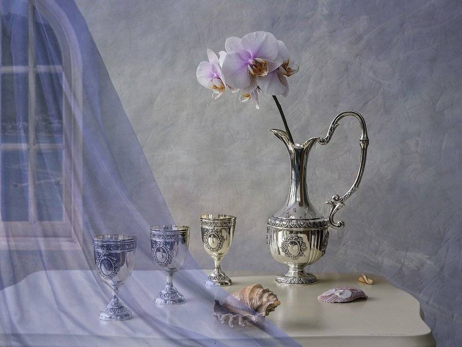 натюрморт, орхидея, бокалы, кувшин, ракушки, Ирина Приходько