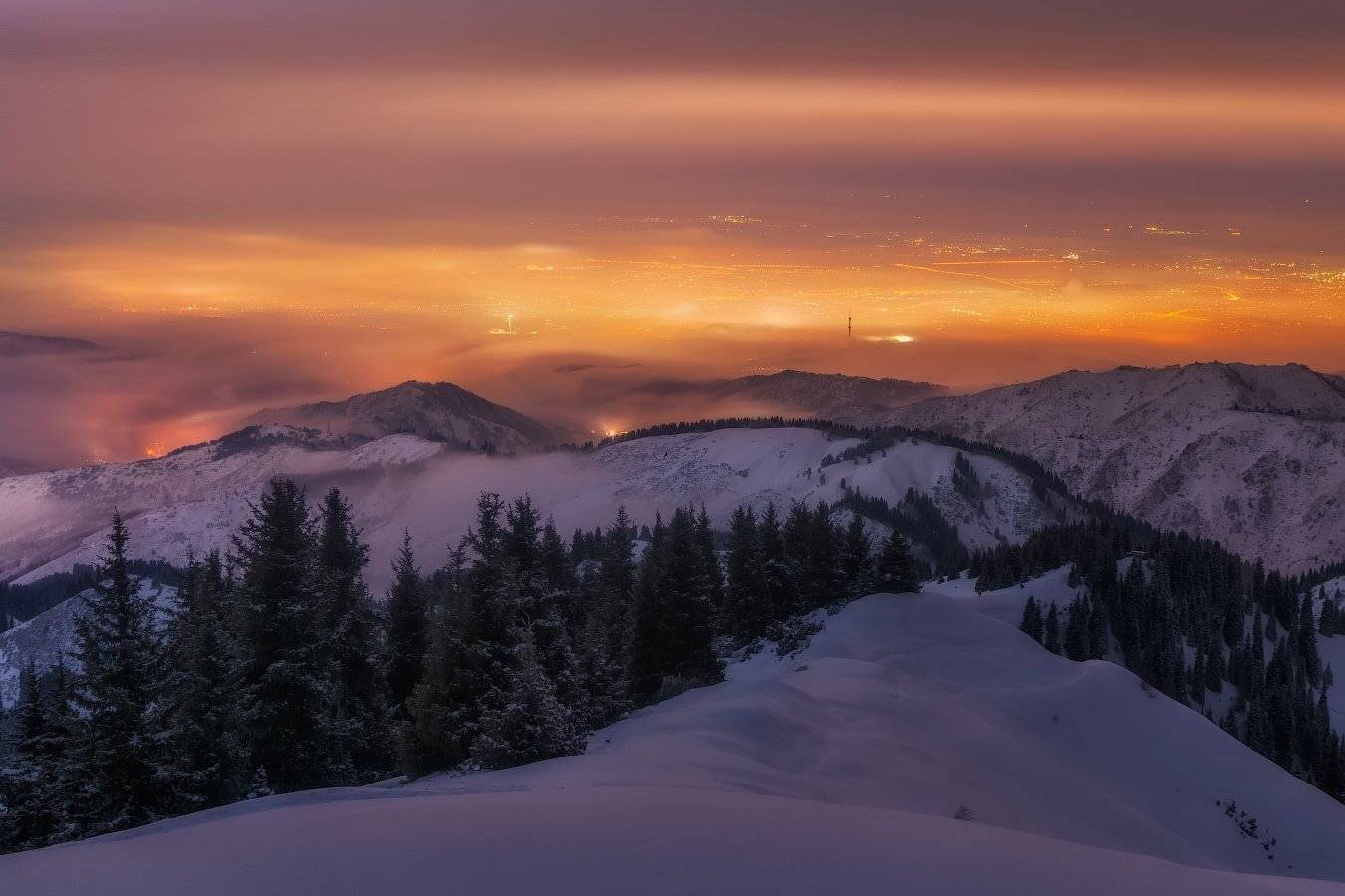 алматы, ночь, горы, туман, Ольга Кулакова