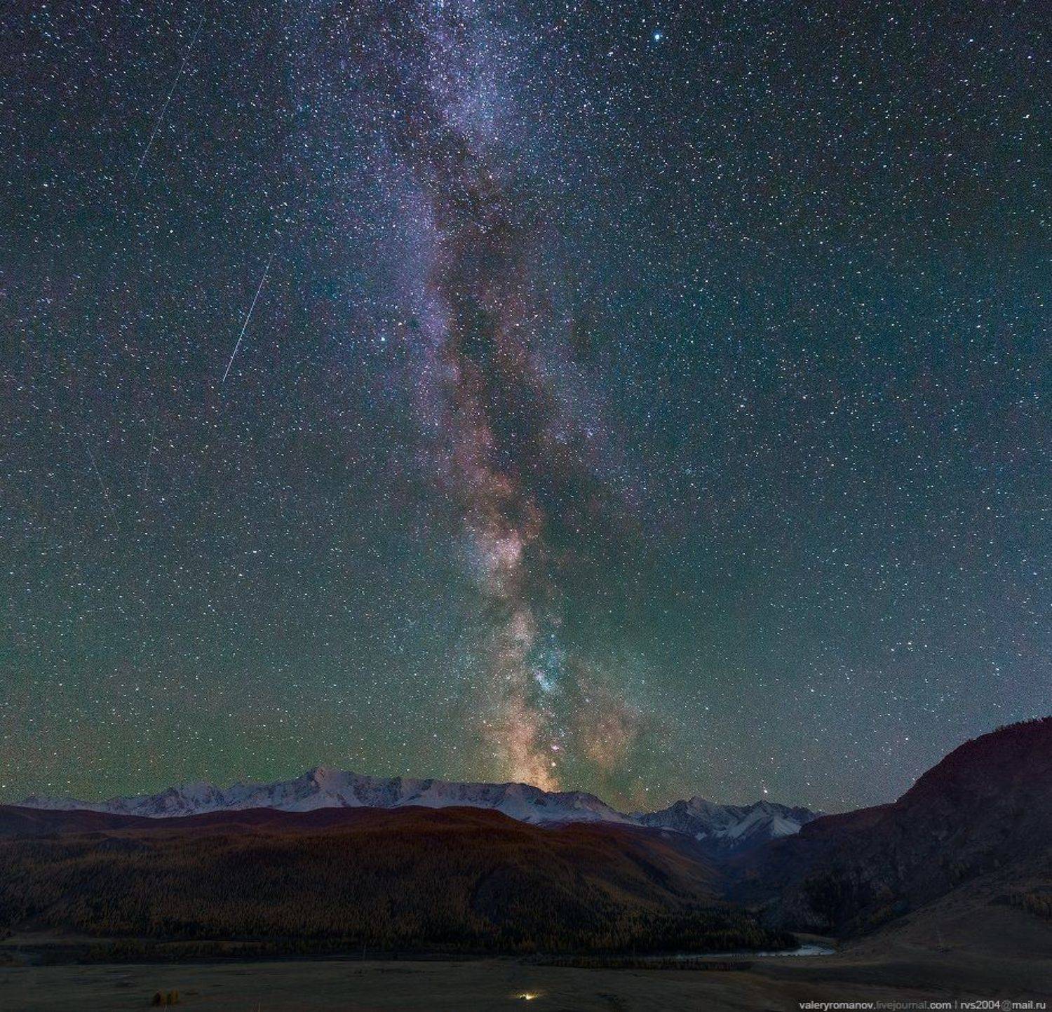 Млечный путь, река, Чуя, Алтай, осень, звезды, небо, горы, снег, синий, лес, река, Валерий Романов
