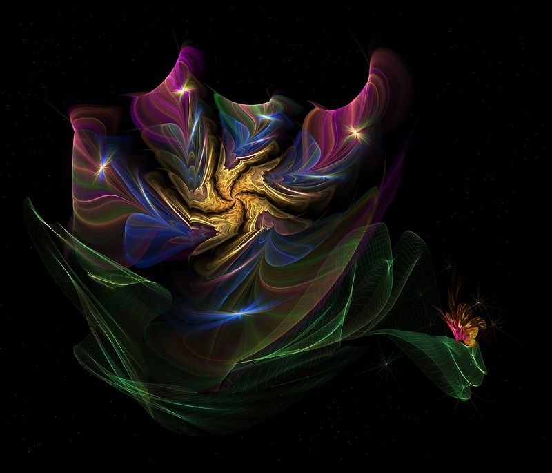 цветок,бабочка,краски,листья,абстрактныйцветок на чёрном фоне Magic flower фото превью