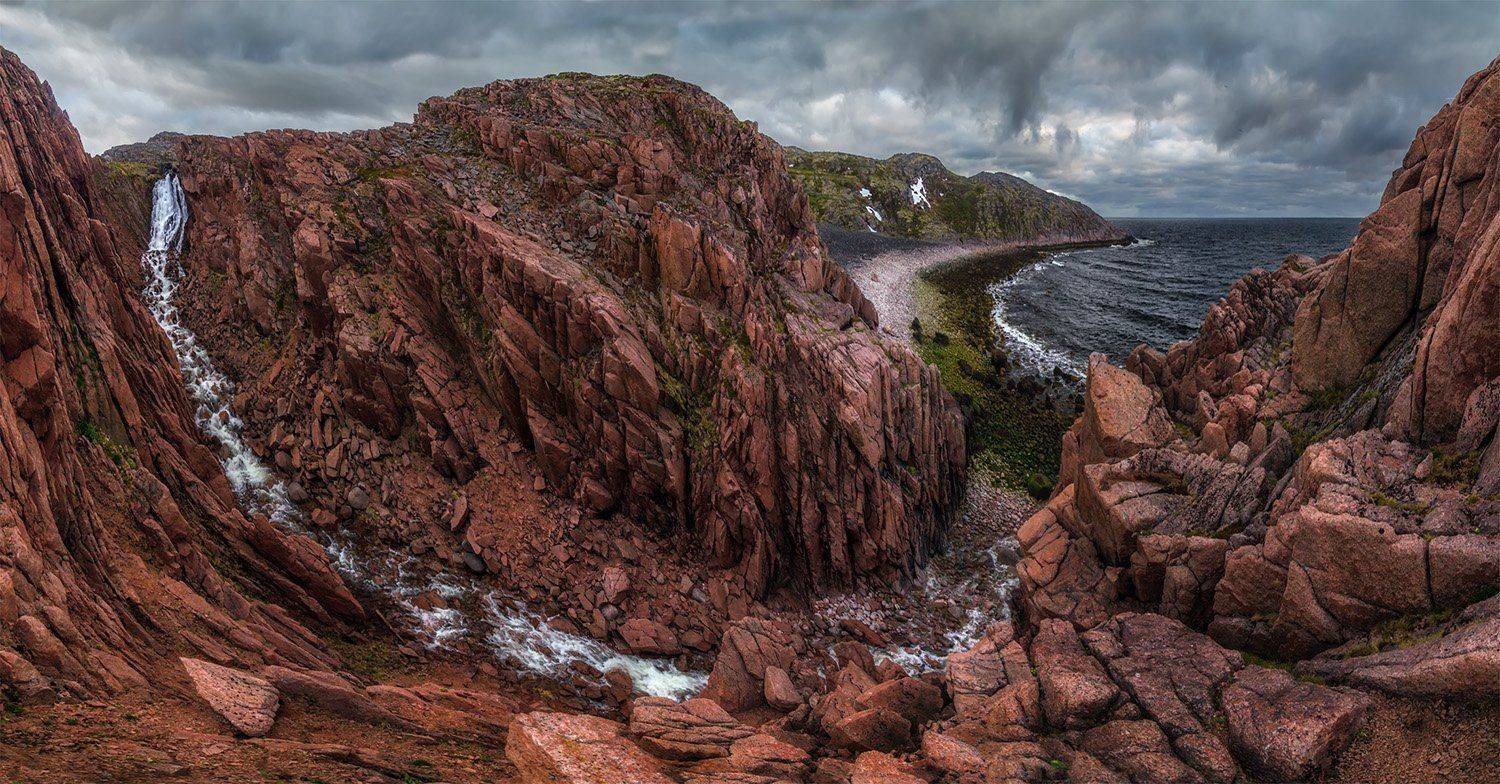 природа, пейзаж, кольский, север, лето, панорама, море, баренцево, берег, тучи, водопад, скалы,, Альберт Беляев