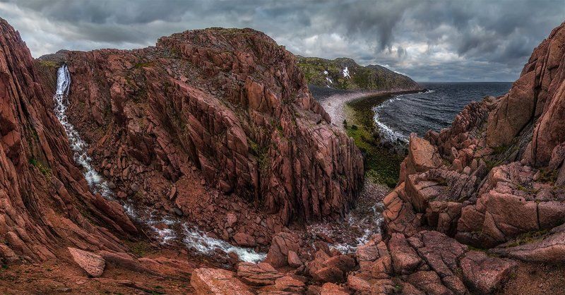 природа, пейзаж, кольский, север, лето, панорама, море, баренцево, берег, тучи, водопад, скалы,  фото превью