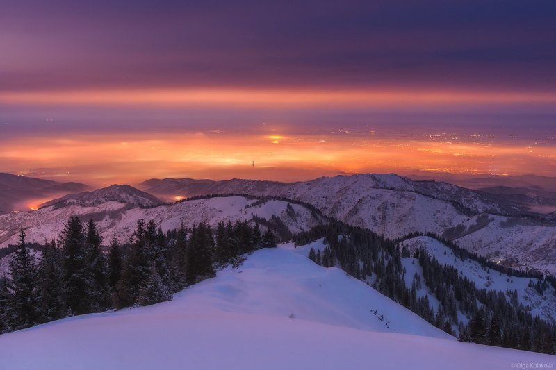 горы, зима, туман, алматы, ночь, кимасар Зимняя ночь фото превью
