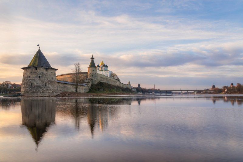 Псков, Pskov, кром, кремль, река, реки, история, мост, небо, рассвет Рассвет фото превью