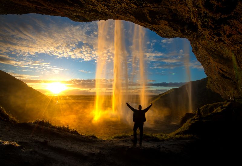 waterfall, iceland, sunset, nikon, d800 Sunset waterfall, Iceland фото превью