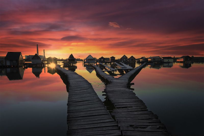 lake, huts in water, sunset, water, clouds, colors, reflections Fishing huts at sunset фото превью