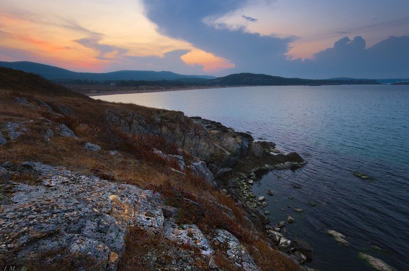 Bulgaria, Dunes, Arkutino, Black sea, autumn, Болгария, Дюны, Аркутино, Черное море, вечер, закат, осень, бухта, скалы,  Бухта Аркутино после заката фото превью