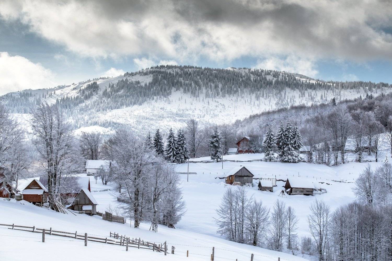 winter,trees,house,hills,clouds, Marius Turc