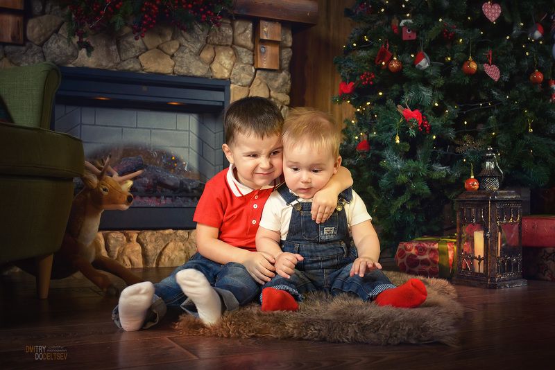 дети, братья, елка, новый год, студия, смешные, мальчики, камин, портрет Перцы... фото превью