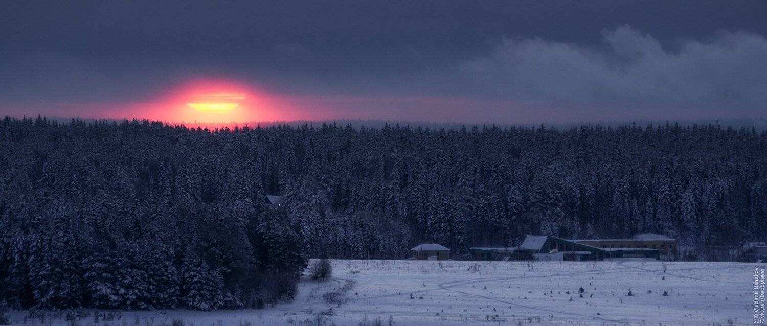 рассвет, солнце, облака, лес, поле, зима, январь, Владимир Ушаков