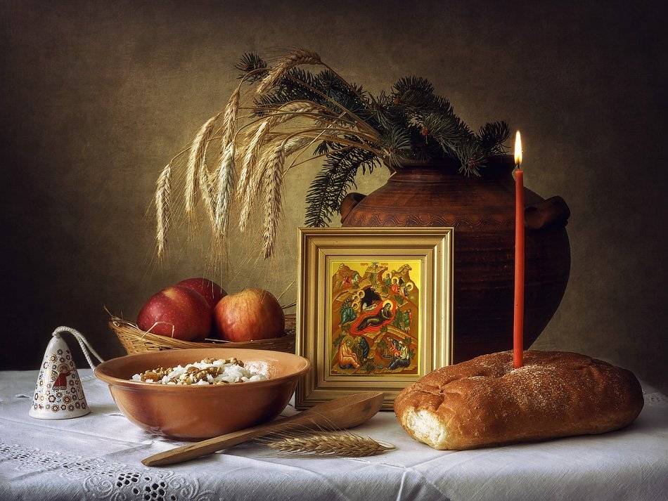Натюрморт,  Рождество, икона, сочиво, колосья, хлеб, яблоки, свеча, ветки ели, горшок, Ирина Приходько