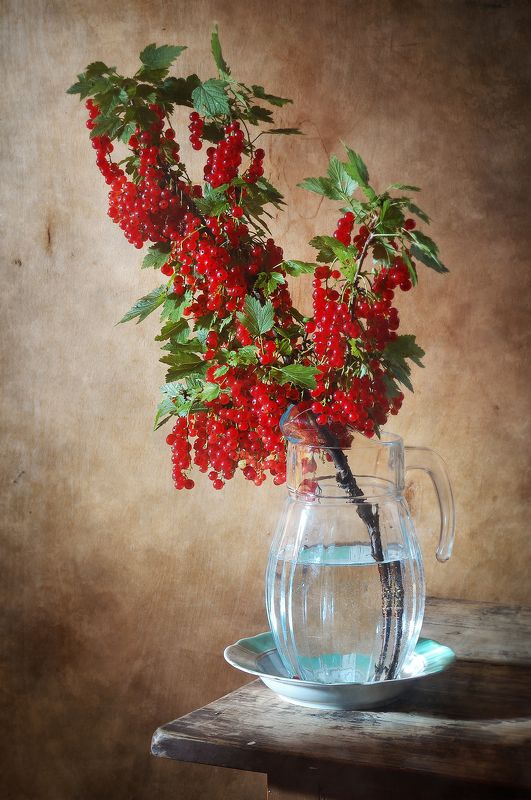 Классический, натюрморт, большой, ветка, красный, смородина, свежиий, ярко-красный, ягододы, стеклянный, кувшин, коричневый, летний, дом Красная смородина фото превью