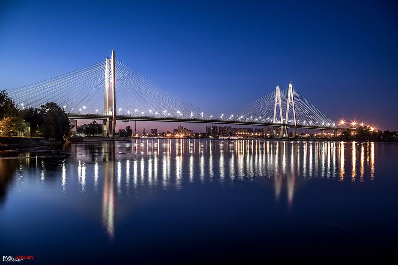 Россия, город, Санкт-Петербург, Питер, СПб, Вантовый мост, мост, река, Нева, вечер, сумерки, закат, golubevphoto Ванты фото превью
