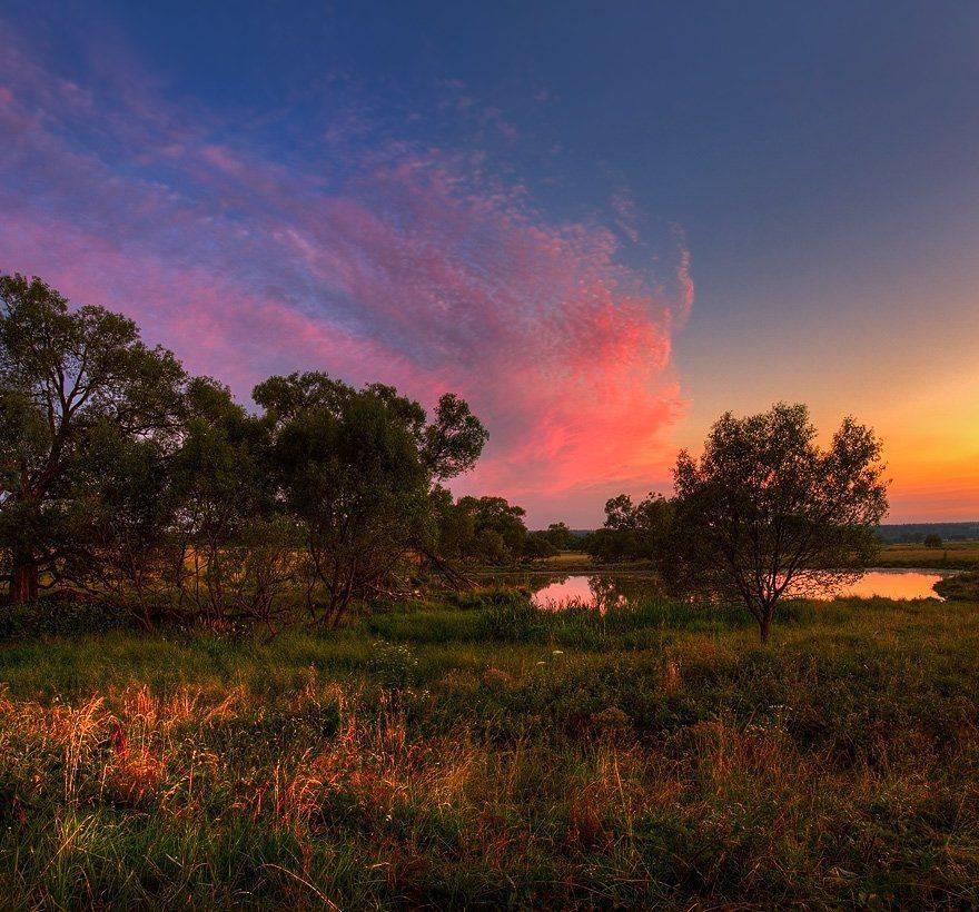 пейзаж, вечер, закат, небо, пруд, деревья, Oleg Dmitriev