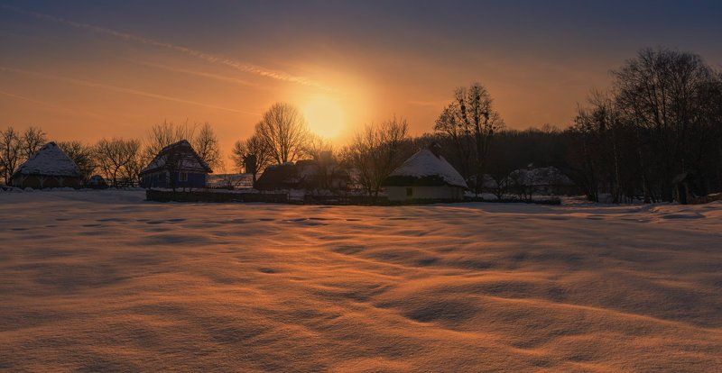 деревня, закат, зима Мороз крепчал фото превью