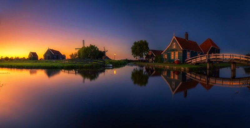 zaanse schans holland landscape sunset panorama long exposure zaanse schans I фото превью