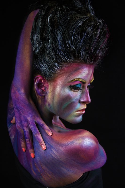 people, girl, portrait, art, body, life, texture, relief, eye, neck, paint, makeup, body art, black, opinion, creative Всплеск фото превью