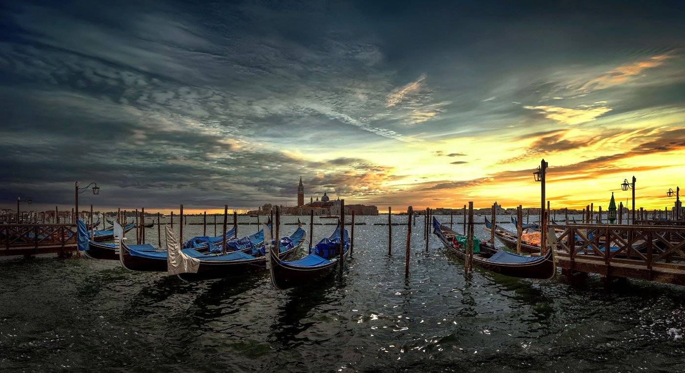 италия, венеция, закат, облака, гондолы, GaL-Lina
