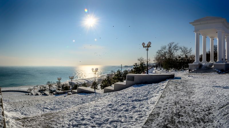 sea, snow, frosty morning, stair Морозным утром фото превью
