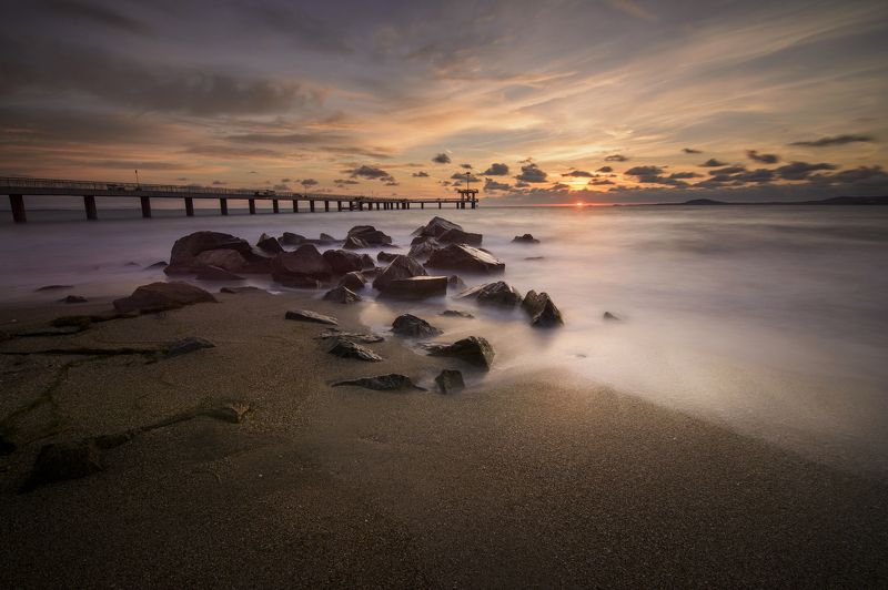 sunrise, beach, bridge, rocks, sea , clouds, beautiful, colorful, incredible, majestic, nikon , tokina Magical Sunrise фото превью