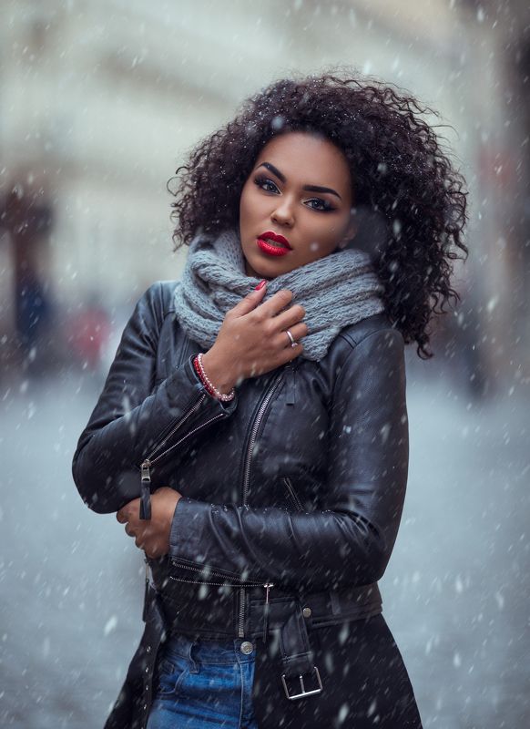 girl, curly, model, brown, beauty, bokeh, winter, color, photo, portrait, retouch, shooting, canon, 135mm Denisa Salako III фото превью