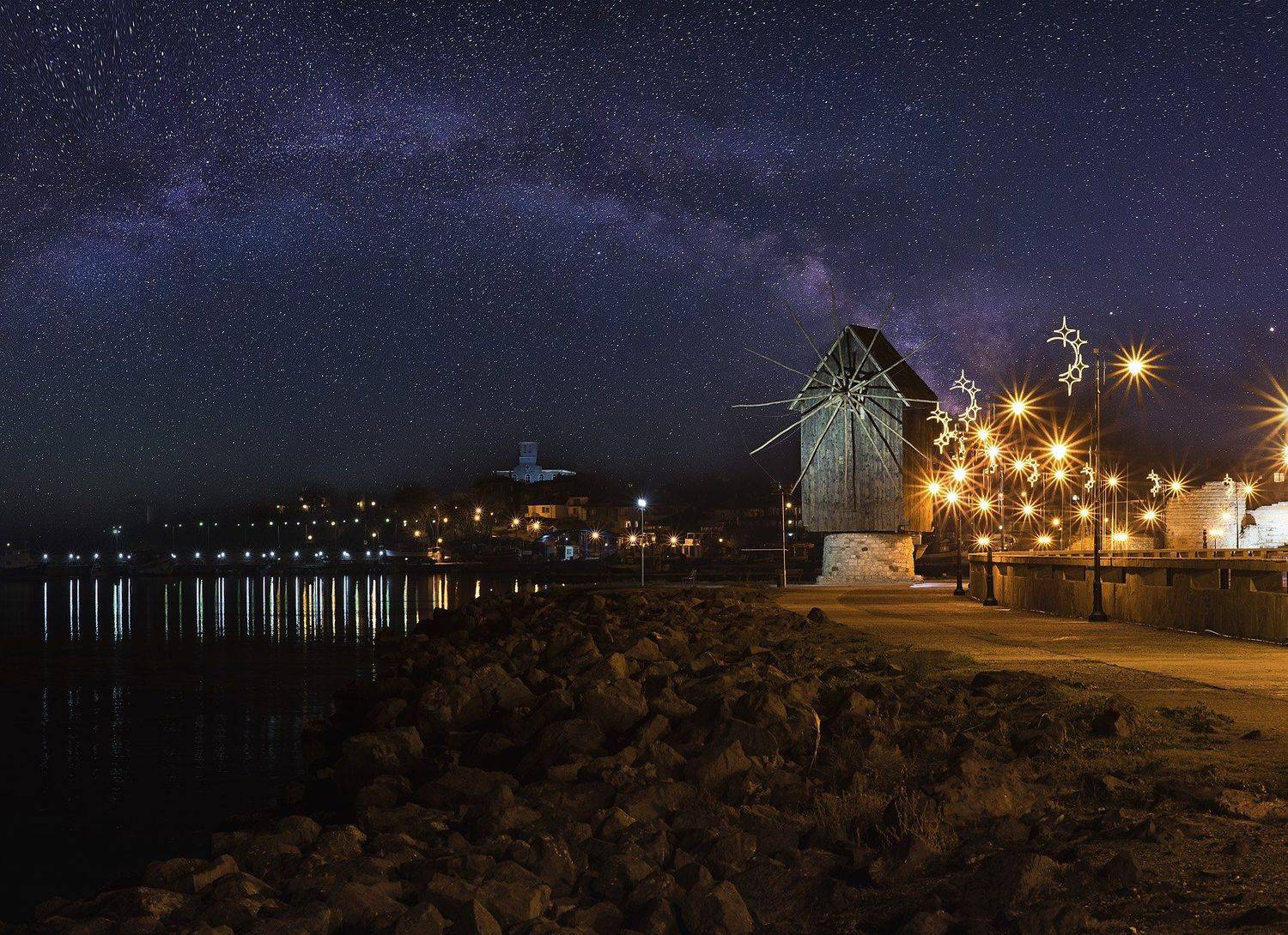 windmill, church, nesebar, milky way, starry night, Атанас Донев
