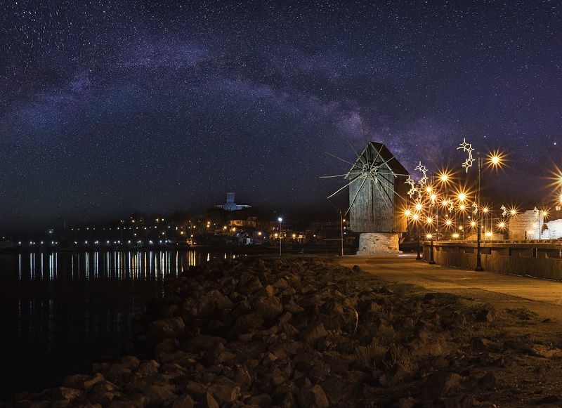 windmill, church, nesebar, milky way, starry night Старый город Несебр ,мельница и церковь/ Nessebar old town, mill and the church фото превью
