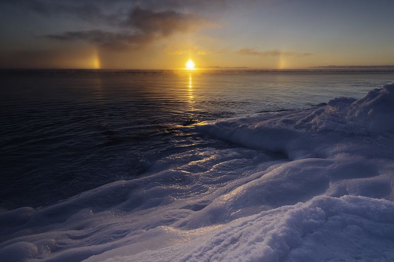 север, пейзаж, гало, море, зима. Зимние закаты у Моря фото превью