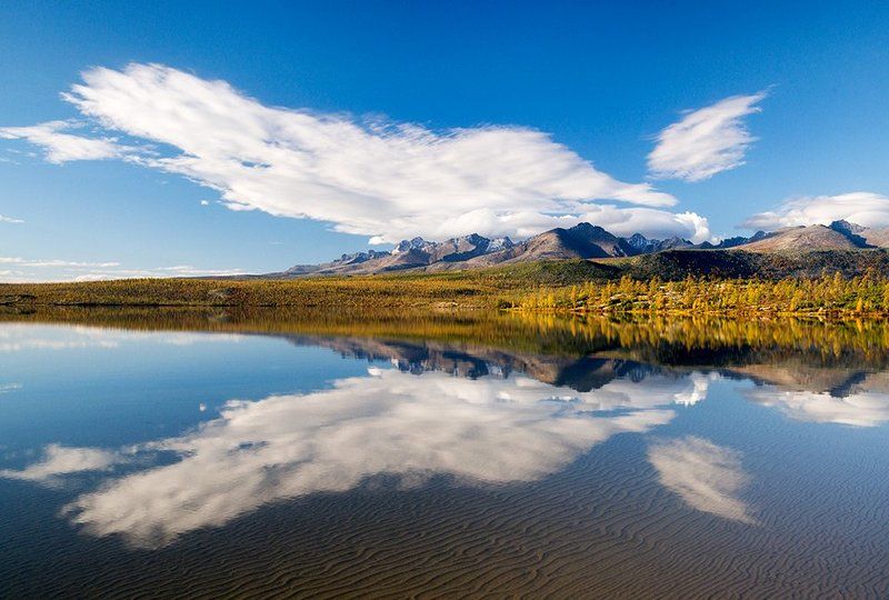 колыма, озеро джека лондона, коса биологов, магаданская область, россия, озеро, горы, хребет аннагачак, утро,  отражение, облака, лиственницы, осень Птица Колыма фото превью