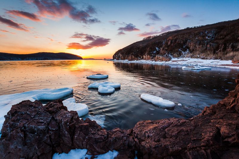Владивосток, Закат, Лед, Море, Облака, Рассвет, Солнце От рассвета до заката фото превью