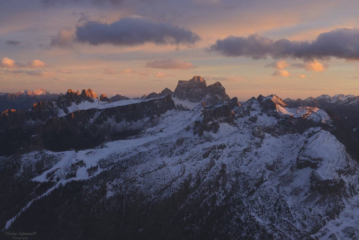 alps. sunset, cinque torri, croda da lago, croda da negro, dolomites, folzarego, italy, landscape, winter, альпы, доломиты, закат, италия, Николай Сапронов