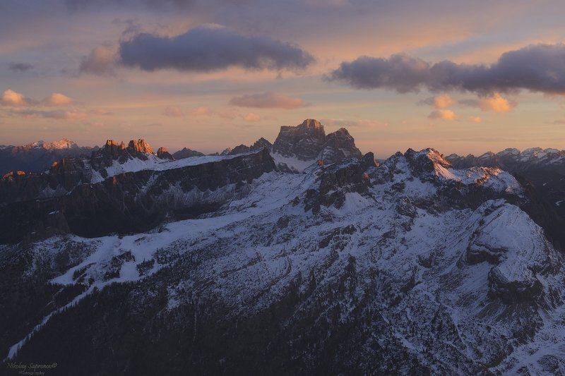 alps. sunset, cinque torri, croda da lago, croda da negro, dolomites, folzarego, italy, landscape, winter, альпы, доломиты, закат, италия \