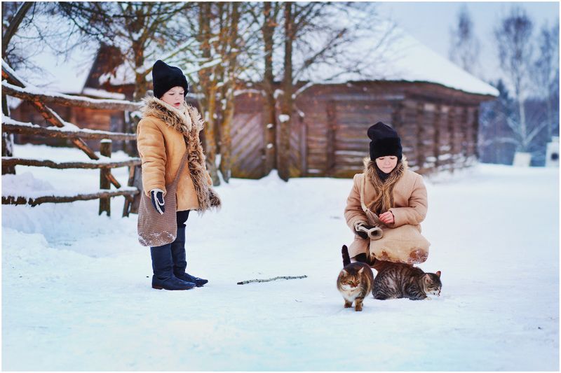 дети, малчики, кот, зима По дороге в школу фото превью