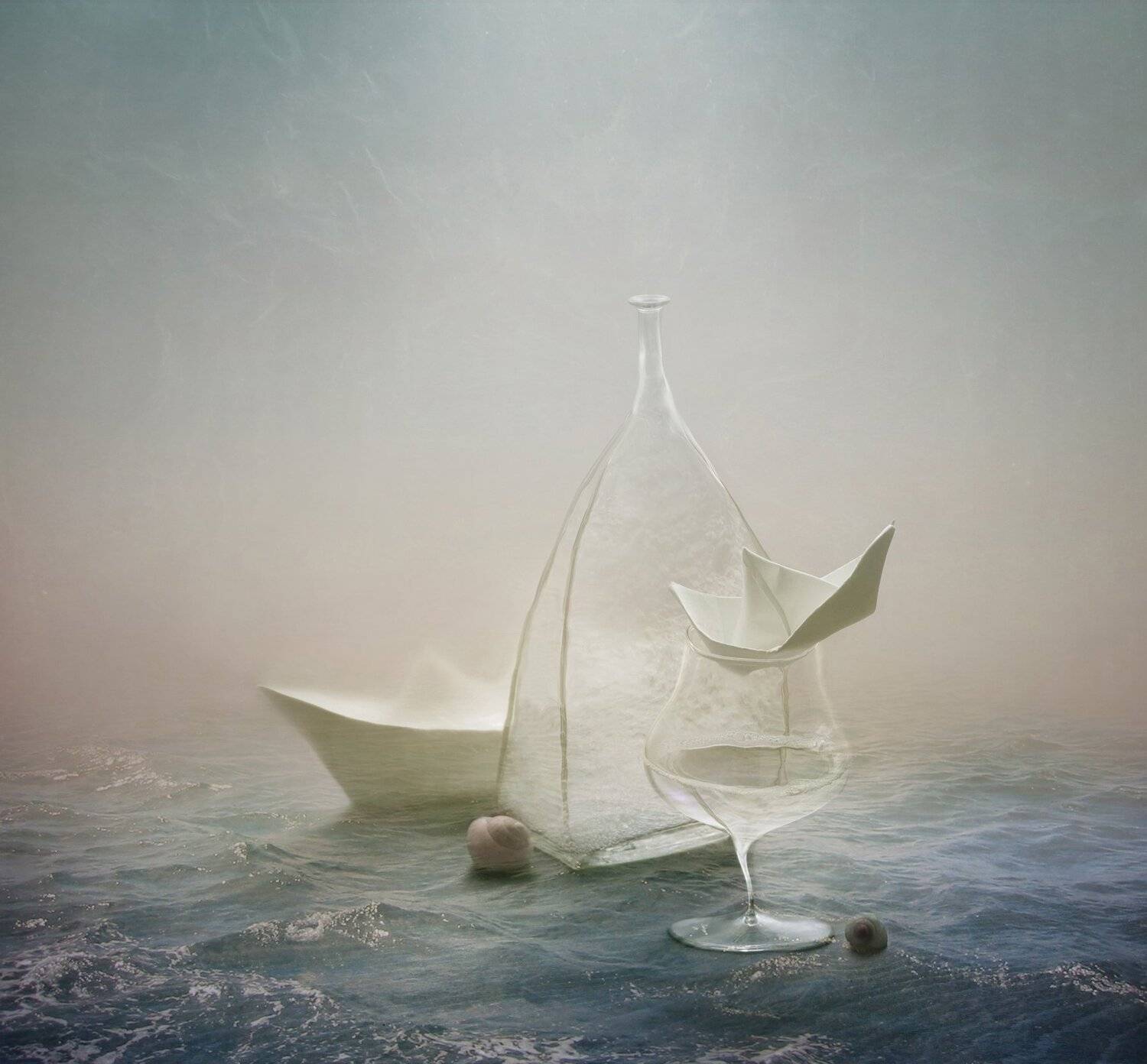 кораблики, море, бокал, вода, ракушки, бутылка, природа, арт, натюрморт, Елена Лысенко