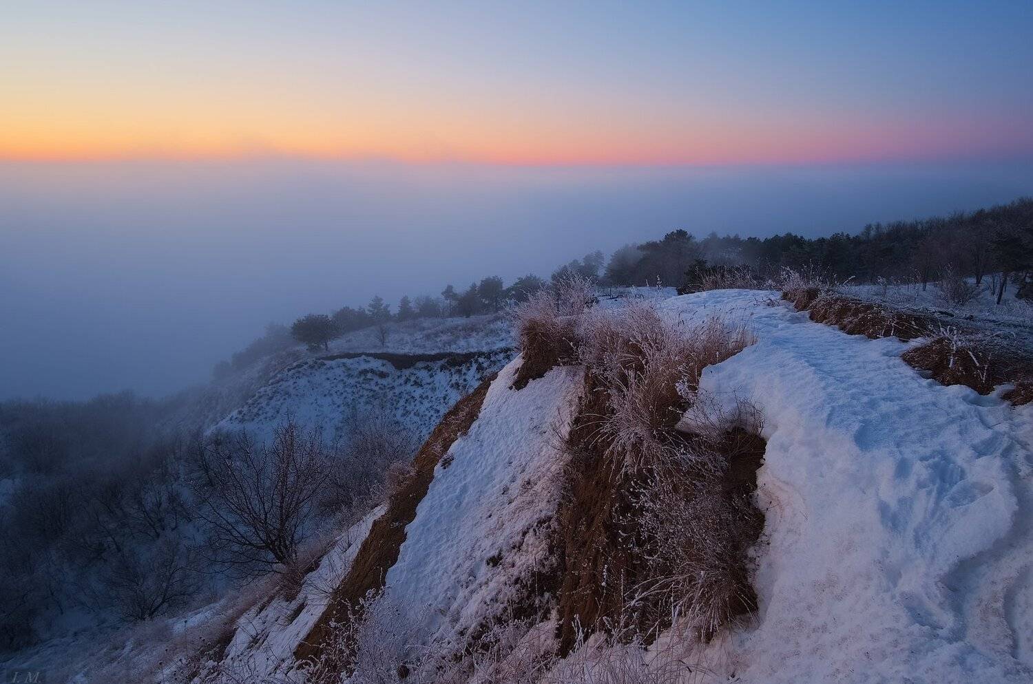 зима, сумерки, вечер, закат, туман, иней, снег, вид сверху, I'M