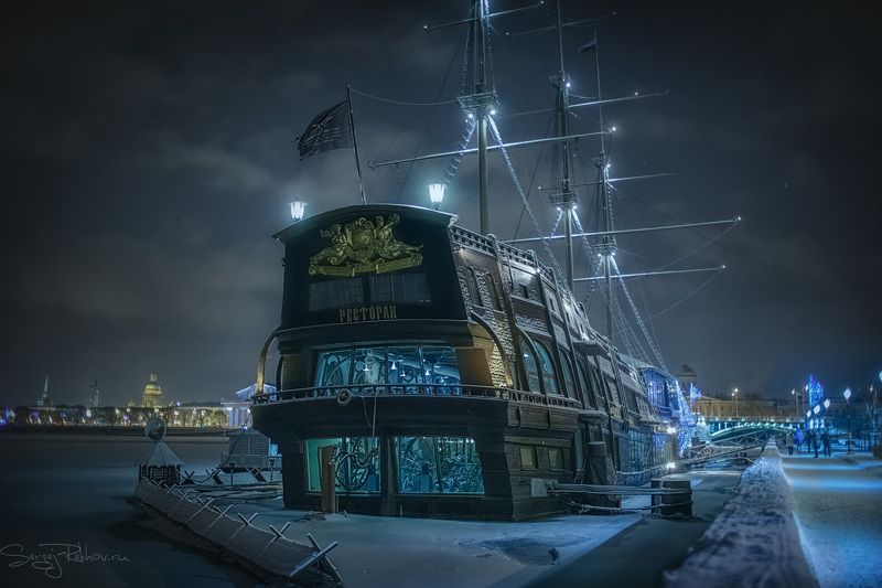 корабль, ночь, зима, санкт-петербург, питер, набережная  фото превью