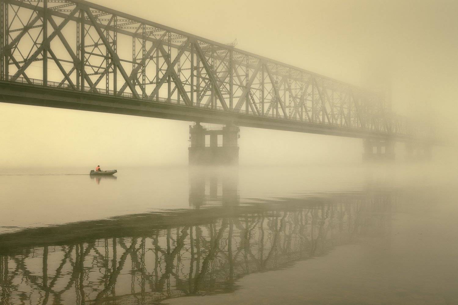город, архангельск, осень, утро, туман, мост, лодка, Ра Вера