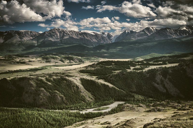 алтай, чуя, северо-чуйский, хребет, курай, курайская, степь, лето, путешествие, облака, небо, горы, ледник, снег, вершины  фото превью
